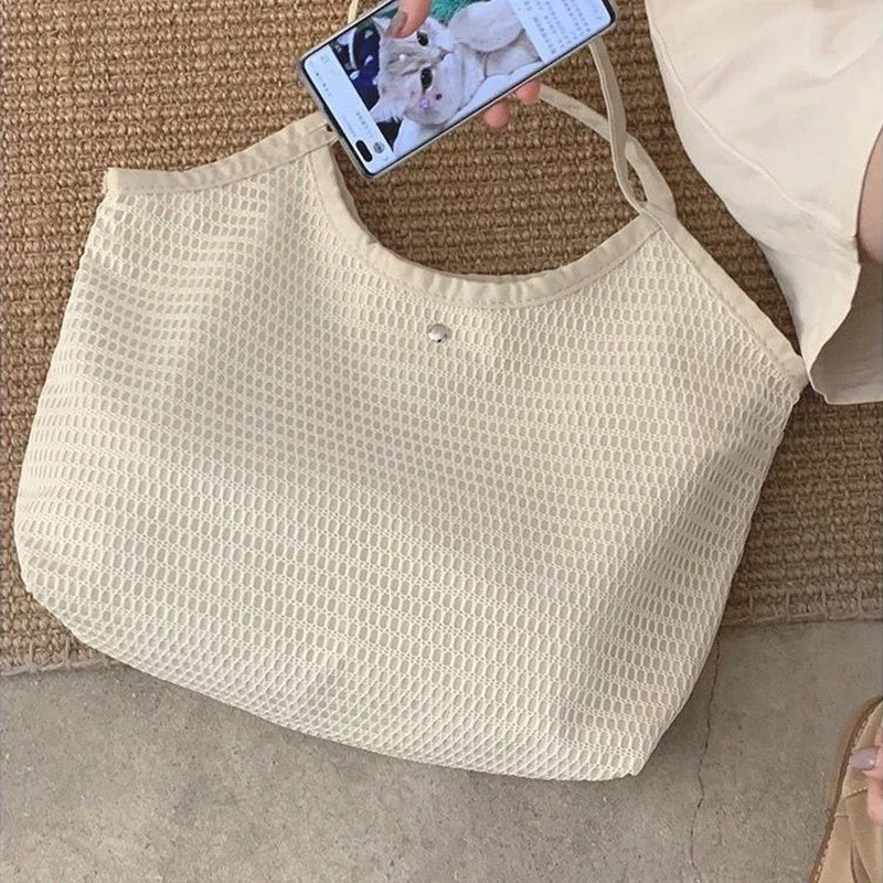 Arts Shoulder Bags for Women New Canvas Bucket Handbags Fashion Knitted Casual Bags Solid Color Brand Beach Shopper Totes 2024