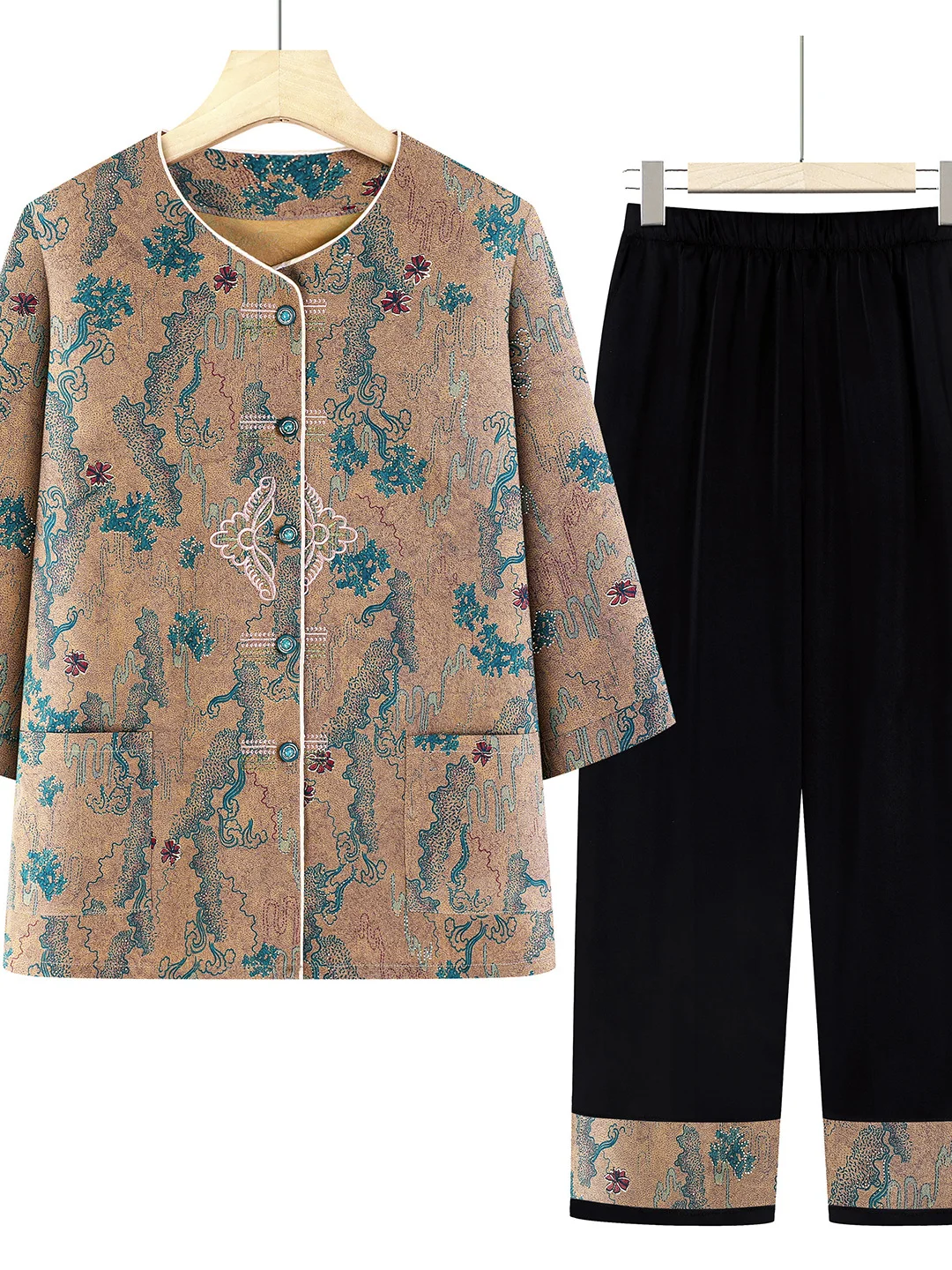 Grandma Style Seven-Quarter Sleeve Open Cardigan Set for Middle-Aged And Elderly Women Summer Fashion Mommy Clothes Set