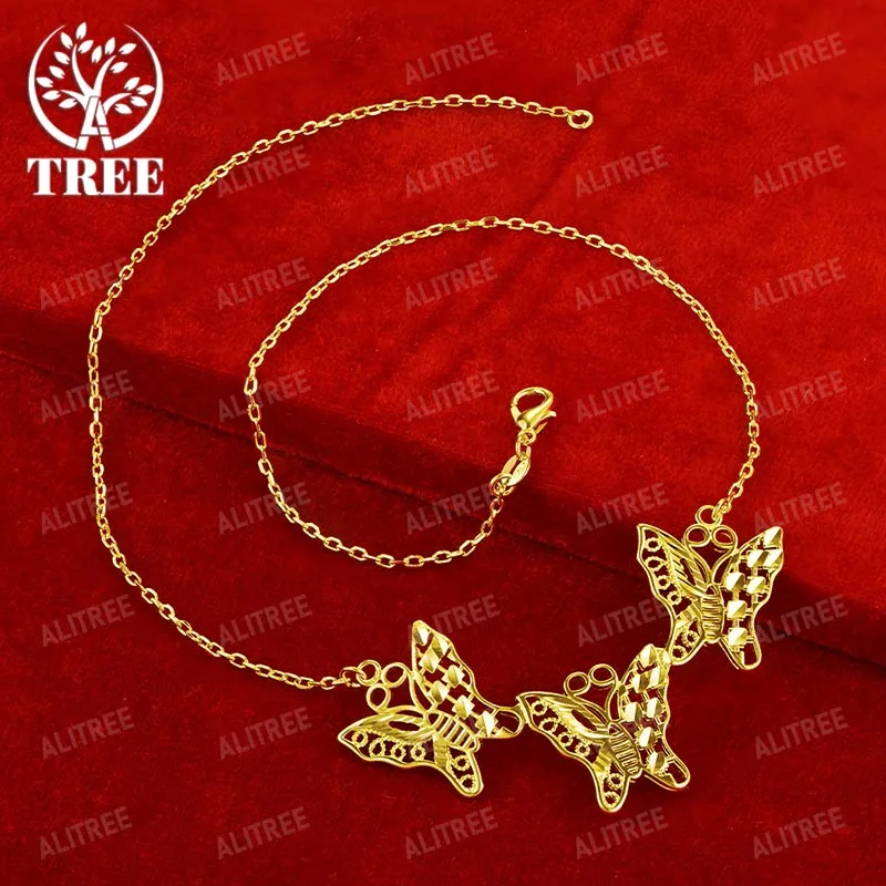 ALITREE 18K Yellow Gold Three Hollow Butterflies Pendant Necklaces For Woman Fashion Party Wedding Birthday Jewelry Lovers Gift