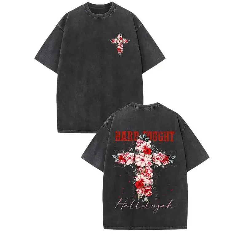 

HARD FOUGHT Hallelujah Men's Vintage Street Graphic T-Shirt - 230g Washed Cotton Double-Sided Floral Cross & "HARD TOUGH" Print,