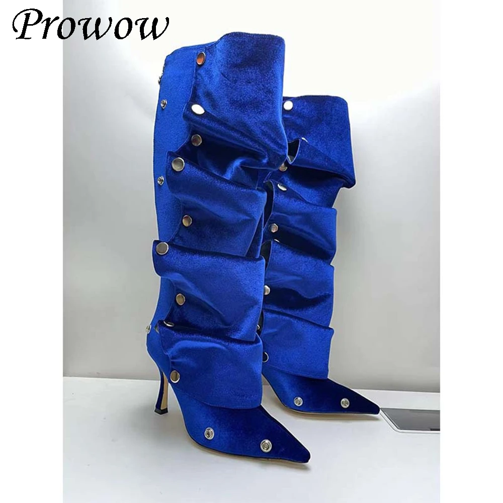 

Новые бархатные сапоги до колена на высоком каблуке с острым металлическим заклепкам, женская обувь Zapatos Mujer