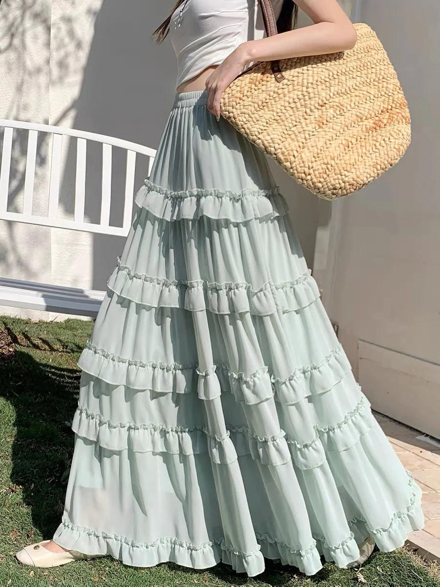 Falda de talla grande para mujer, falda de verano con cintura elástica, falda larga de corte A, falda larga de gasa para playa, faldas de fiesta coreanas estilo Lolita