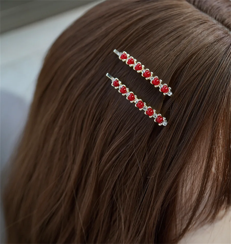 دبوس شعر أحمر بالزهور غطاء رأس ، دبوس شعر بكلمة واحدة ، مشبك شعر لطيف ، دبوس شعر كريستالي ، إكسسوارات شعر مكسورة ، جديدة