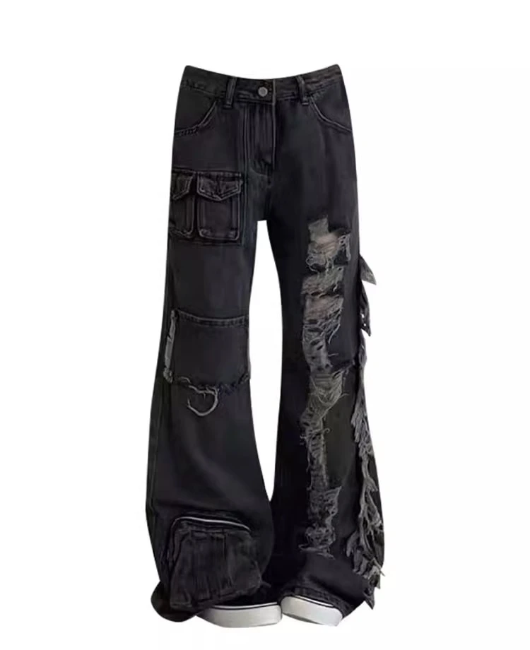 Tamanho grande europeu americano subcultura cintura alta jeans rasgados 2025 feminino nova rua multi-bolso y2k solto calças de perna reta