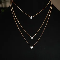 3 Pcs Gold-Color Simple Multilayered Pendant Necklace For Girls Women Star Heart Shaped Choker Jewelry Set For Birthday Gift