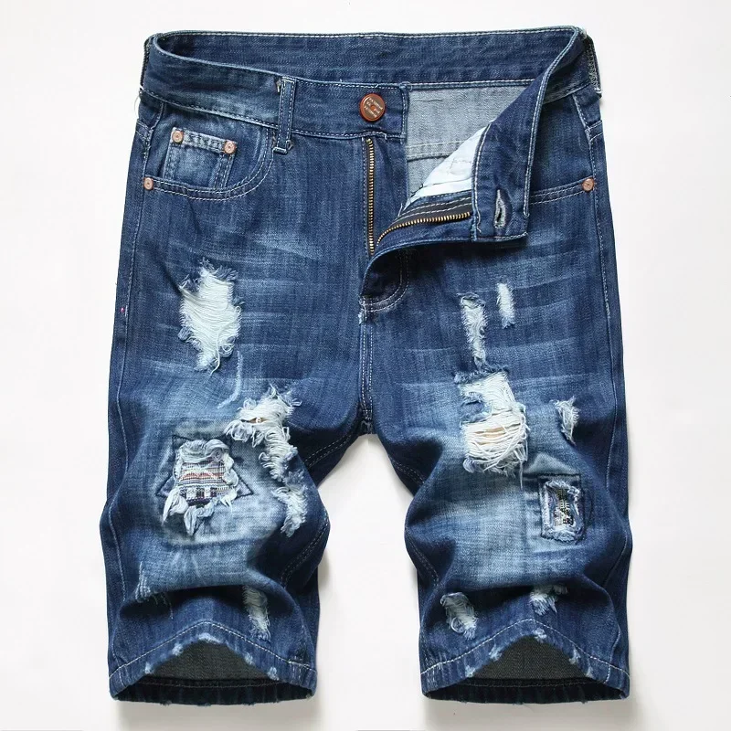 Summer New Men\'s Denim Shorts Blue Straight Slim Fit Fashionable Ripped Short Jeans Hip Hop High Street Casual Shorts Male