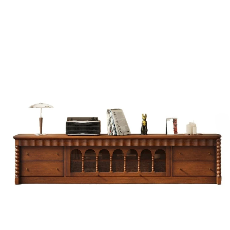 French retro, solid wood TV cabinet, medieval style, European villa living room, audio-visual floor cabinet combination