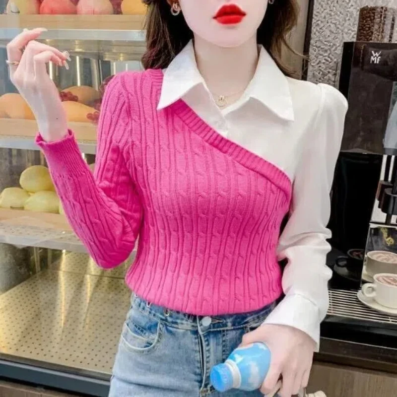 Spring Autumn New Fashion POLO Collar Patchwork Shirts Women's Clothing Patchwork Pullovers Fake Two Pieces Y2K Knitting Blouses