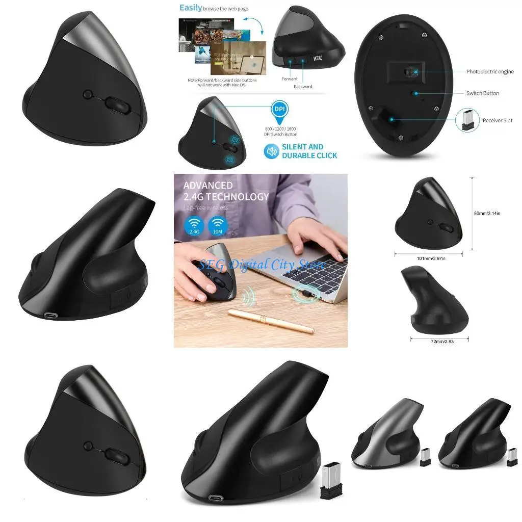 

U75B Wireless Vertical Mouse 6 Buttons 1600DPI Adjustable Comfortable 2.4G Vertical