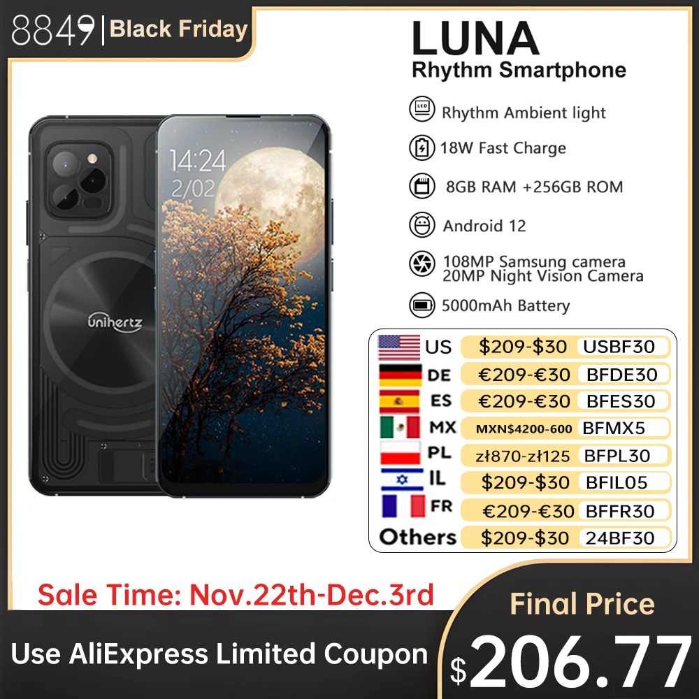 Unihertz Luna 8GB 256GB Smartphone 108MP G99 Mobile Phone Night Vision Rhythm Ambient Light Cellphone android 12