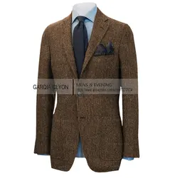 Herren anzug brauner Blazer Prom Smoking Fischgräten muster Wolle Tweed einreihige formelle Business-Jacke für die Hochzeit (nur Mantel)