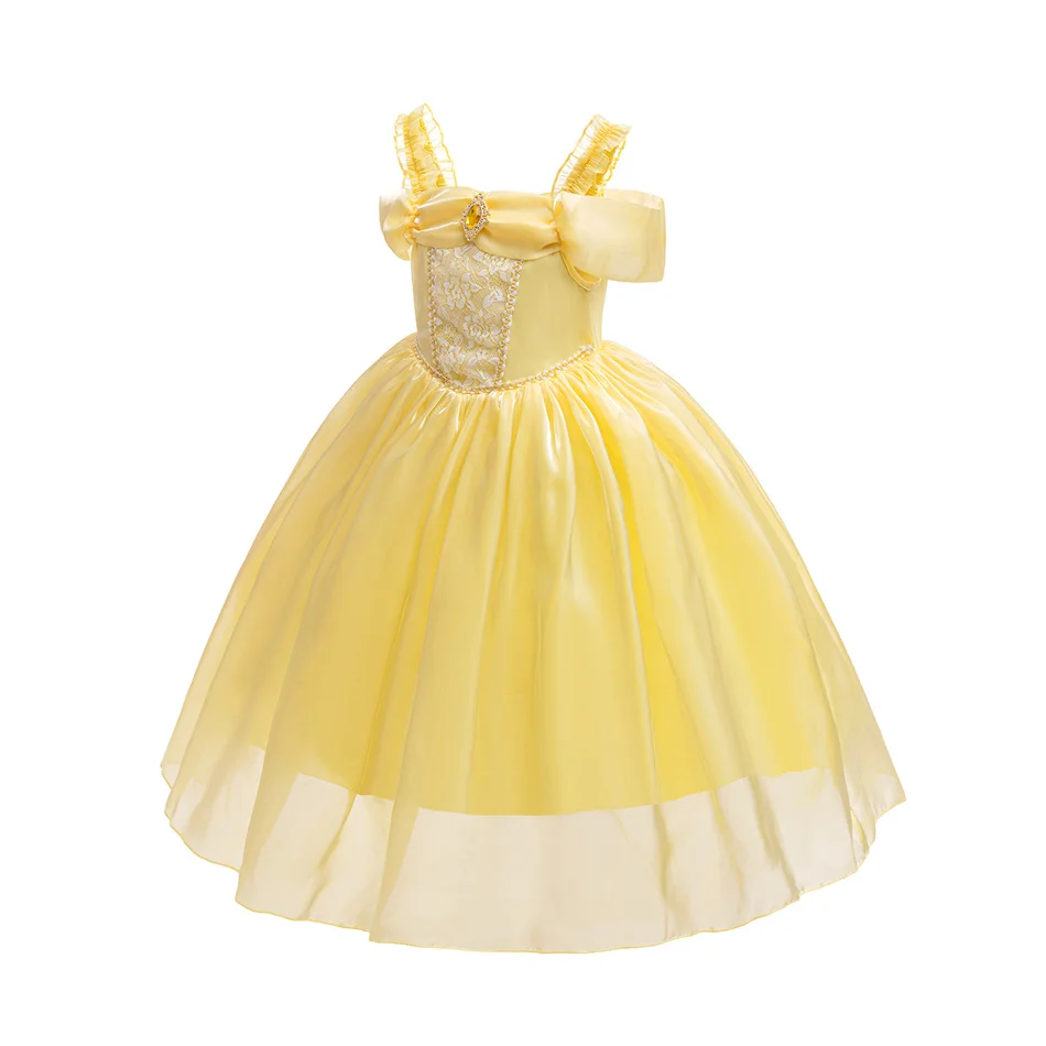 Disney Princess Belle Sleeveless Dress Girl Luxury Pearl Sequin Ball Gown Coustume for Beauty and The Beast Carnival Party Cloth