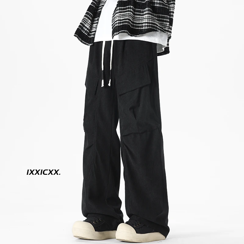 Vintage Corduroy Overalls Men's Autumn Casual Pants Big Pockets Loose Solid Colour Straight Leg Trousers