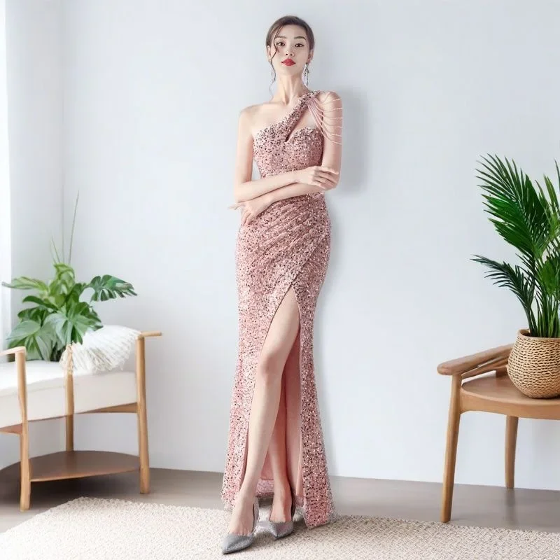 Elegante glanzende avondjurk met pailletten, uit één stuk, luxe gevoel, damesmode, lange mouwloze jurk met normale taille