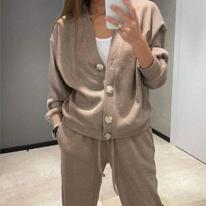 Autumn Fashion Sports Suit For Women Casual V Neck Single Breasted Long Sleeved Coat Top Lace Up Straight Pants 2 Piece Set