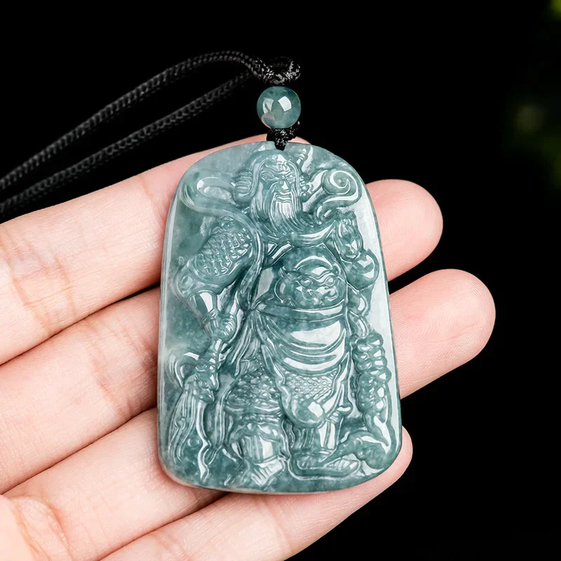 

Jia Le/ Hand-carved/ Natural Jade Blue Water Guan Gong Necklace Pendant Emerald Men Women Fashion Fine Jewelry Couple Amulet