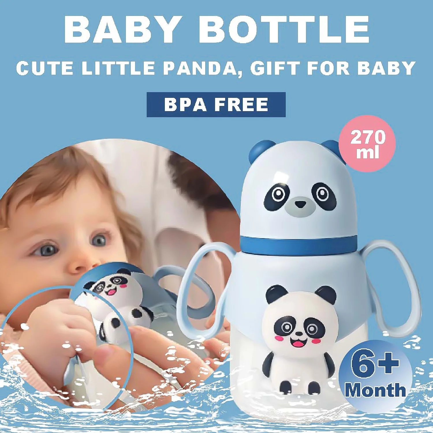 1 Buah Botol Bayi Kapasitas Besar 330ML, Bentuk Panda Lucu, Botol Bayi Dua-dalam-Satu yang Dapat Dimainkan, dengan Mainan Jepit 6-36 Bulan Pesta