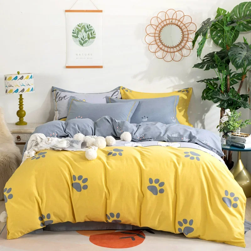 Lovely Cartoon Pet Cat Duvet Cover for Child Boys Girls Kawaii Kitten Paw Print Comforter Cover 3Pcs Brushed Cotton Bedding Set