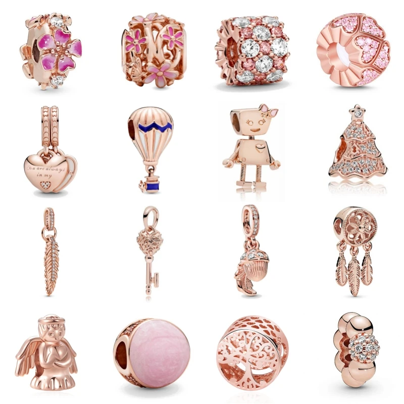 Nowa delikatna 925 srebrna róża pozłacana miłość wiszące kwiaty wisiorek z koralikami łapacz snów Pendat Fit oryginalna bransoletka Pandora biżuteria