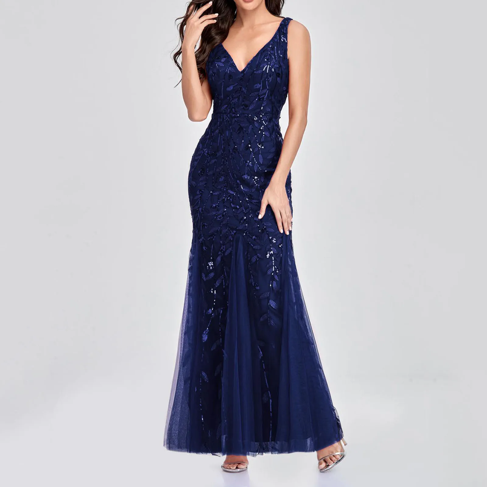 Temperamento vestidos de noite feminino elegante sem mangas com decote em v malha lantejoulas fino ajuste casamento vestido de dama de honra feminino vestidos de festa