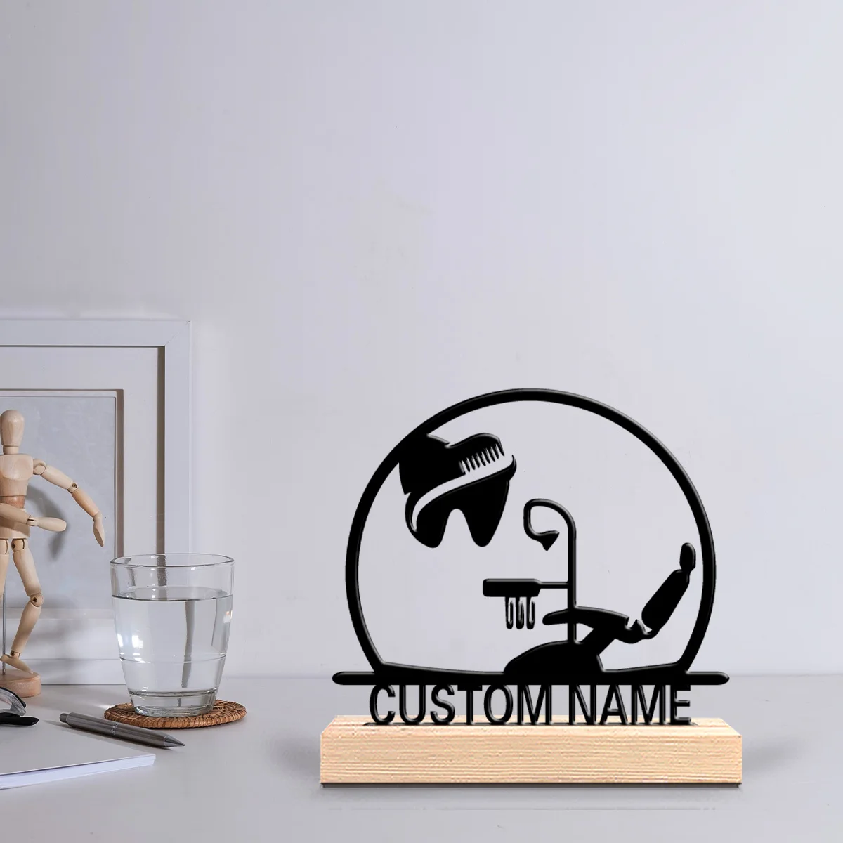 1pc Fashion Personalized Custom Teeth, Toothbrush, Dental Chair Metal Statues Metal Art With Wooden Base Desktop Decorative Arts