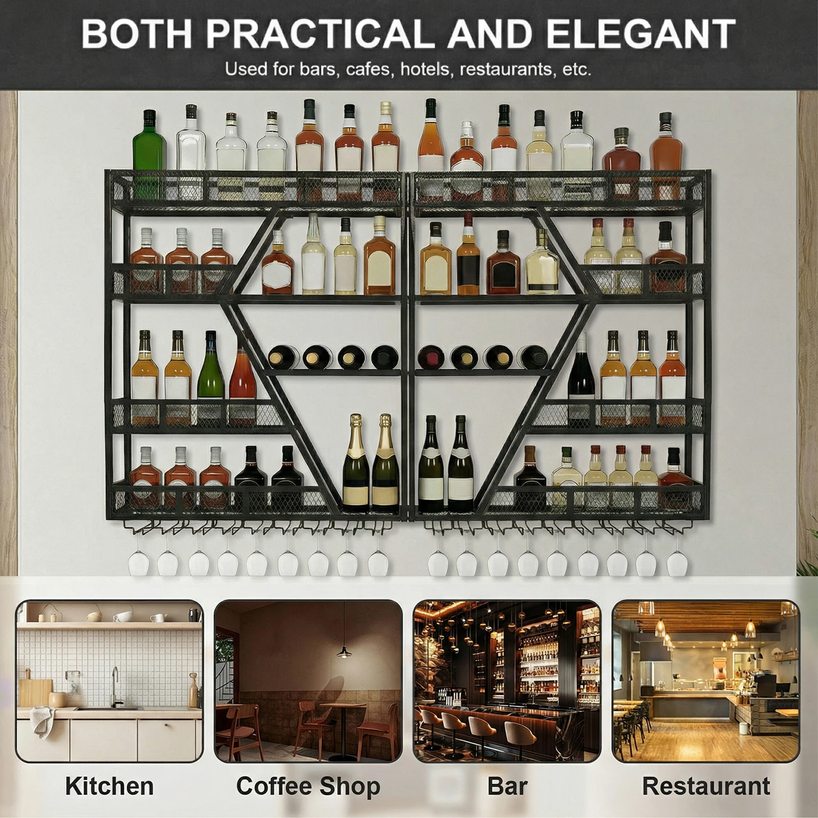 

3/4 Tier Wall Mounted Wine Rack Metal Hanging Wine Bottles Display Shelf with Glass Holder for Kitchen Dining Room Home Decor