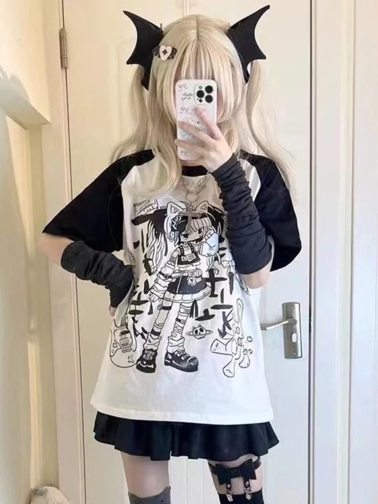 

QWEEK Japanese Gothic Letter Cartoon Graphic T Shirt Women Y2k Aesthetic Loose Korean Fashion Kpop Tees Fairy Top 2025 Summer