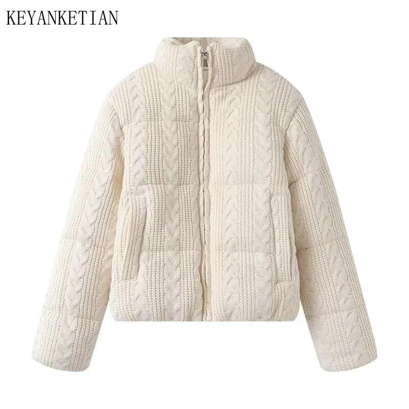 

KEYANKETIAN Winter New Style Women Stand Collar Fried Dough Twists Knitting Side Pocket Sweater Cotton Coat Women Cotton Jacket