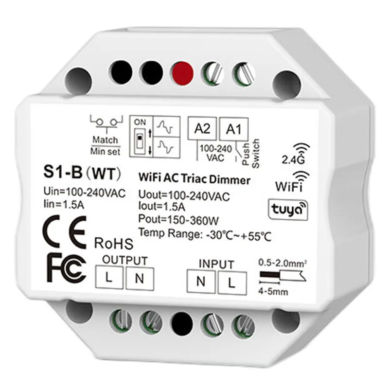 WiFi & Zigbee RF AC Triac Dimmer APP Schakelaar Enkele Kleur 2.4G RF LED Controller S1-B CH * 1.5A RF + Push AC Dimmer S1-B (WT) - afbeelding 1