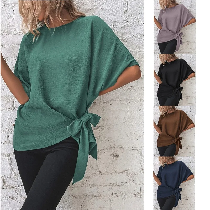 

Loose Women's T-Shirt Summer New Style Pure Color Batwing Sleeve Hem Knot Casual Fashion Female Shirt round Neck Five Sleeve