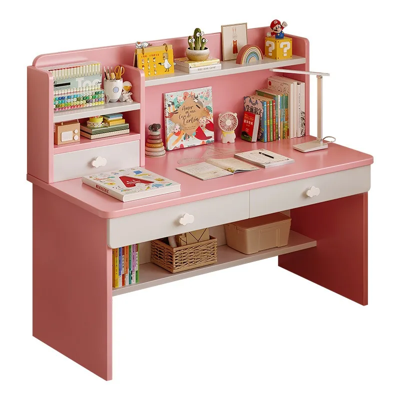 Wooden Desk Bookshelf Integrated Study Table for Primary School Students Home Bedroom Writing Table and Chair Set for Girls