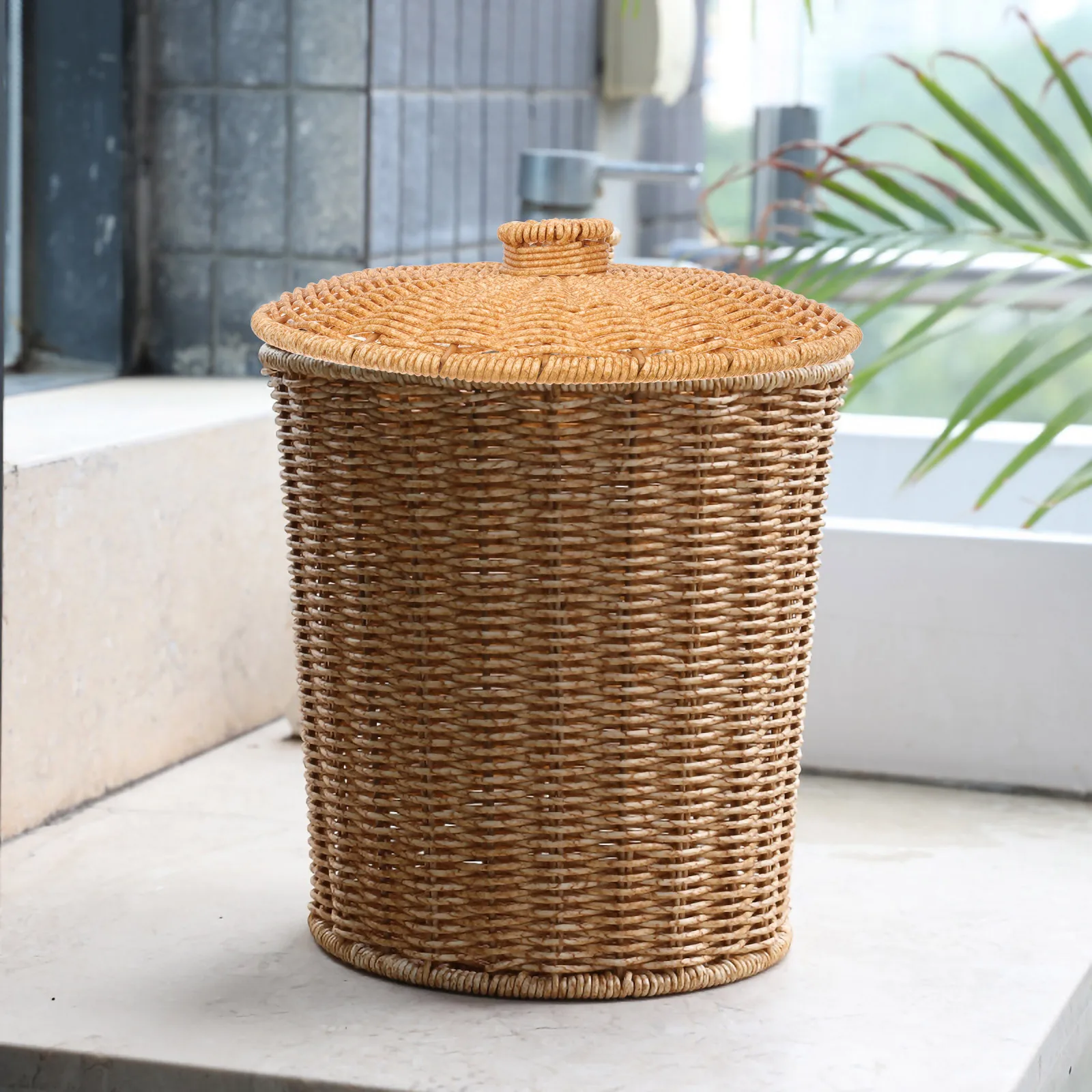 

Vintage Waste Basket Lid for Round Trash Can Easy Plastic Garbage Can Lid Clean Brown Plastic Storage Bin Cover