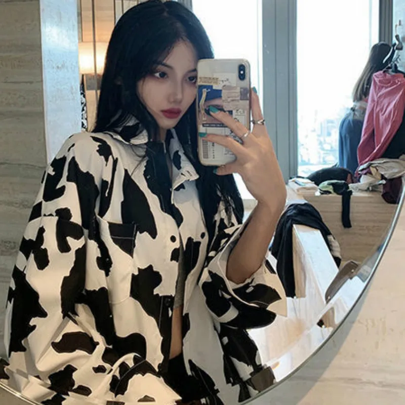 Shirts Womens Cow Pattern Printing Hot Sale Design Turn Down Collar Casual Loose Korean Style Cool Ulzzang Chic Autumn Fashion