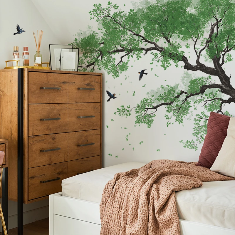 Bigger Leafy Tree Flying Swallows Vinyl Mural Stickers on the Wall Edge, for Greenery Room Bathroom Pastoral Home Decoration