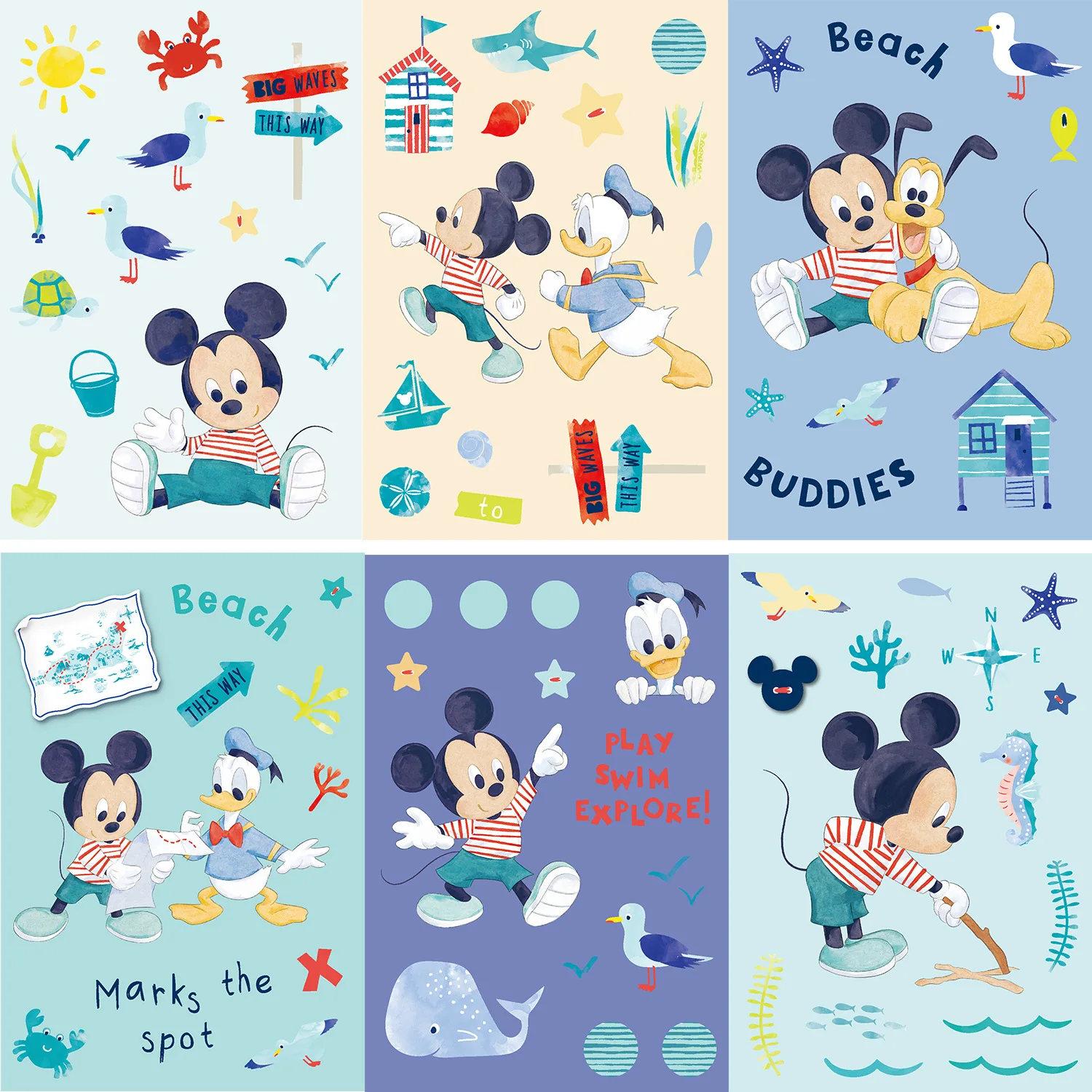 Disney Mickey Mouse Travel Puzzle Etiqueta, DIY, telefone, laptop, bagagem, skate, decalques de grafite, diversão, presente do miúdo, 8 folhas, 16 folhas