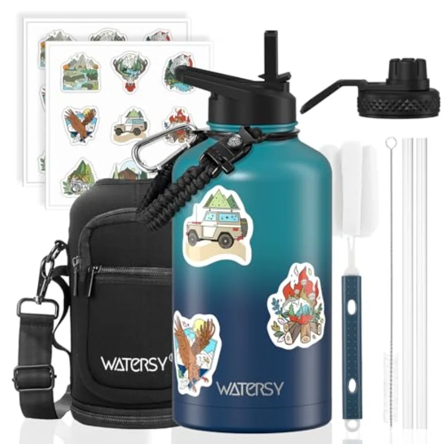 

Insulated Water Bottle Cold for 48 Hrs,BPA FreeandLeak Proof, Half Gallon Steel Water Flask, Water Jug with Straw Spout Lids fo