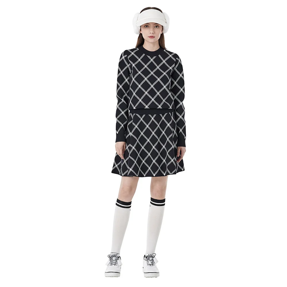 New Women\'s Golf Set Quality Short Skirt Slimming Long Legs Plaid Trendy Knitted Sweater Fashionable Commute Style Long Sleev...