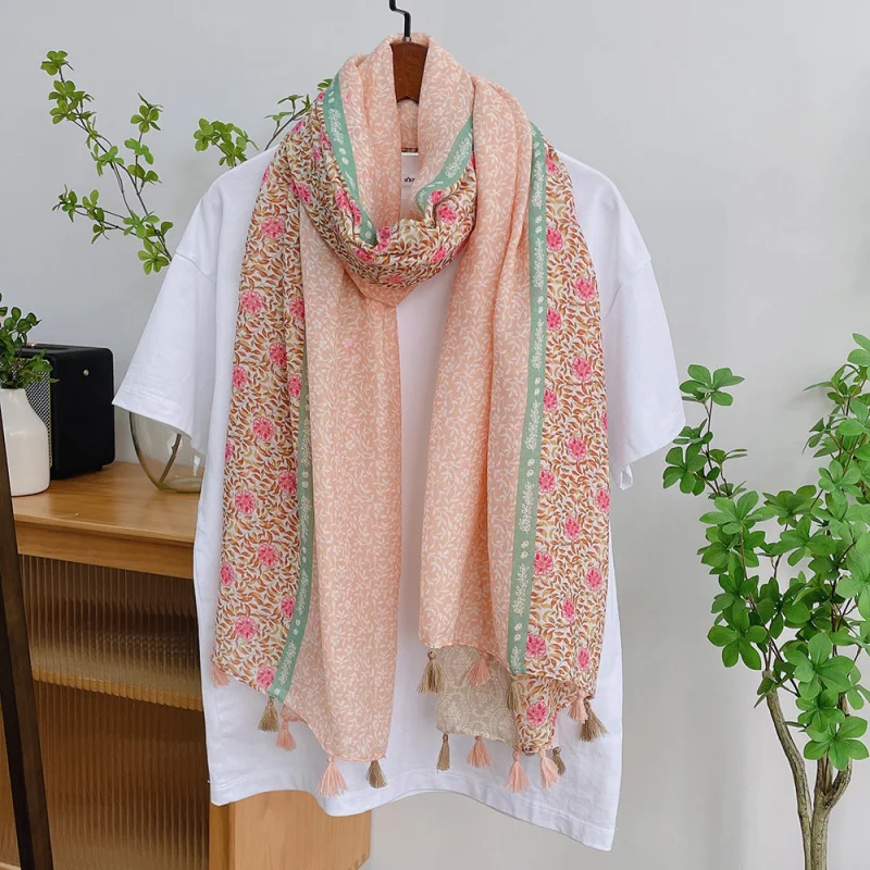 

Весенне-осенний разноцветный шарф с бахромой и трехцветным цветочным узором из хлопка и льна для женщин, дышащий, длинный, для путешествий и пляжа
