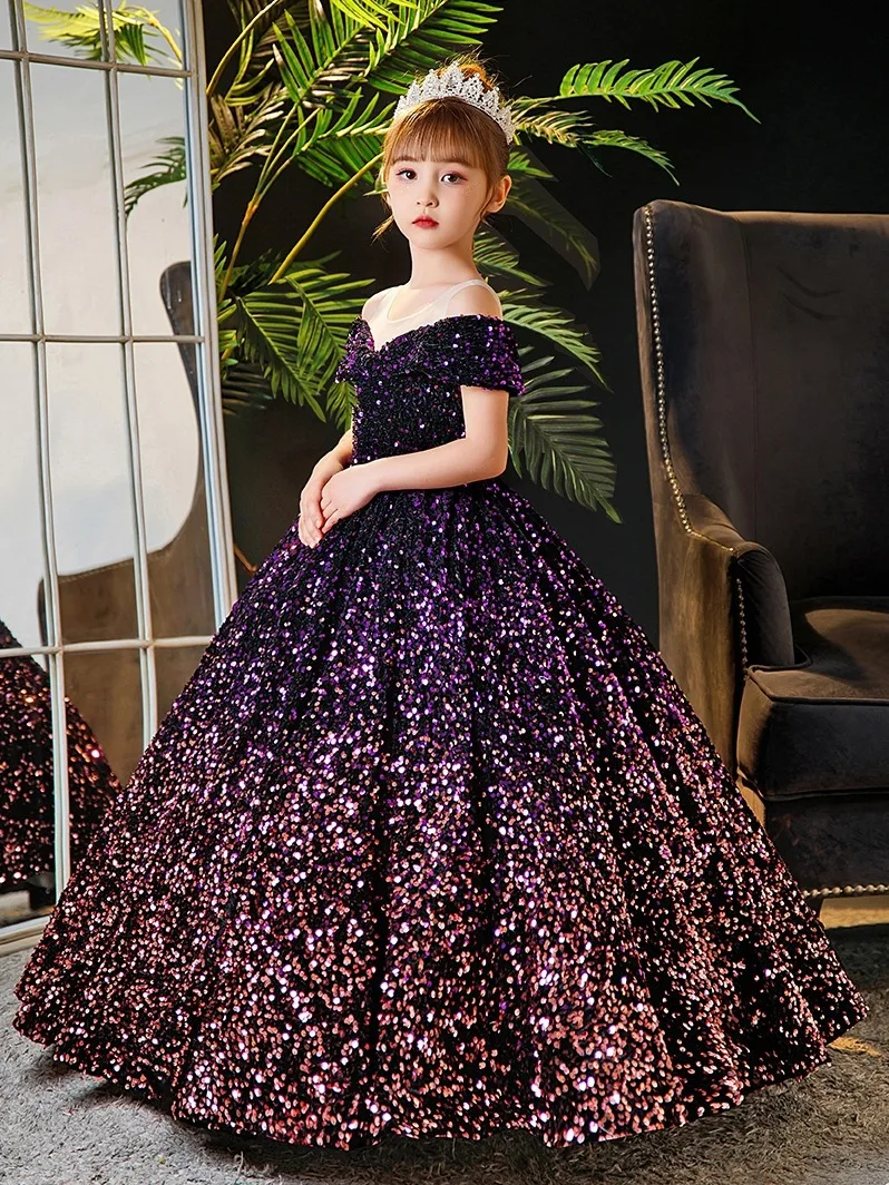 Children\'s dress Princess dress 2024 Spring girls runway show flower children pompadour yarn host piano dress