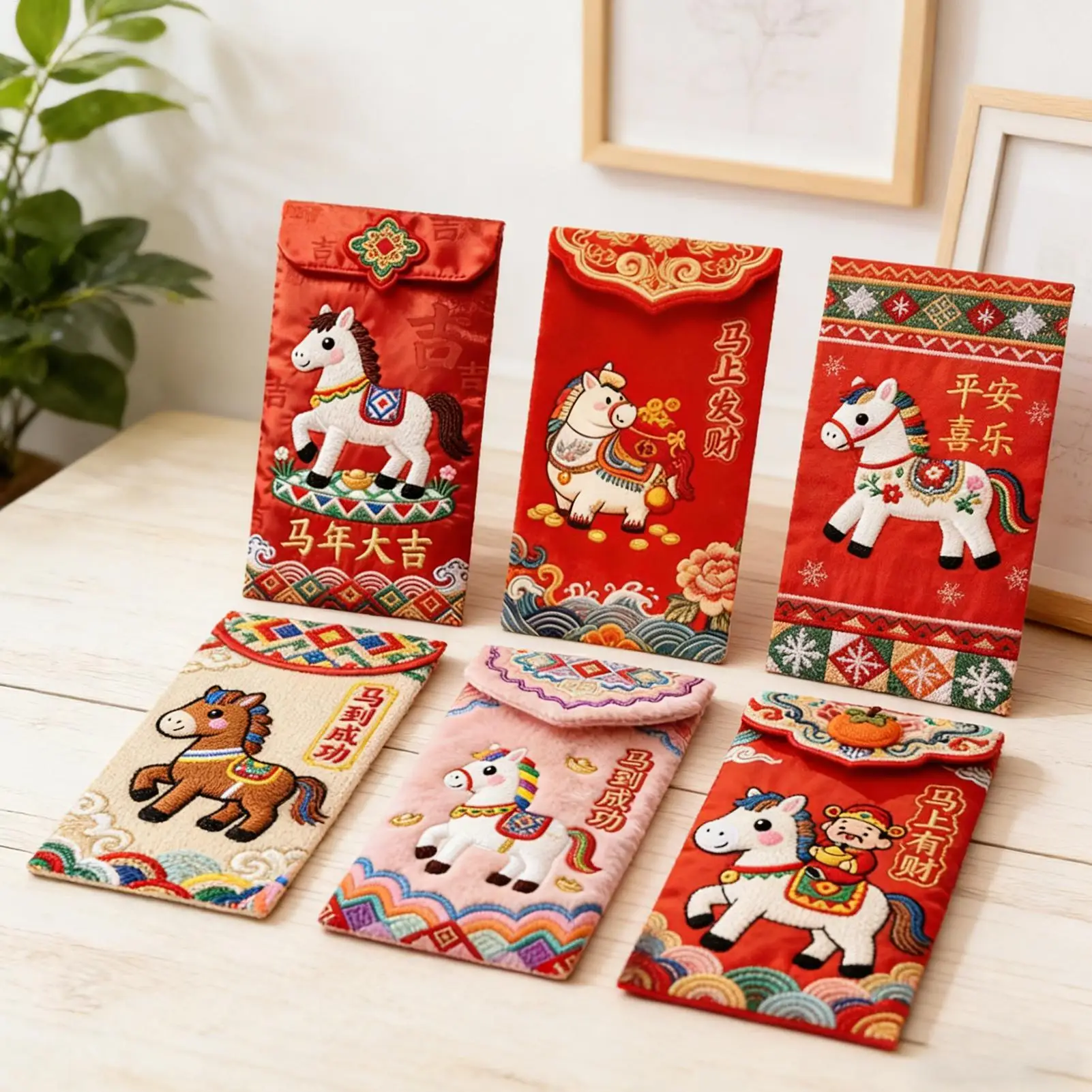 6 Teile/satz Rote Geld Umschläge 2026 Jahr des Pfers Gesticktes Rotes Paket Neujahr Kinder Glück Geld Brieftasche