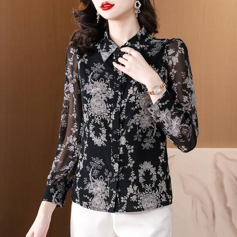 Spring and Autumn Women\'s Turn Down Collar Loose Long Sleeve Single Treated Printed Blouse Fashion Casual Office Lady Tops