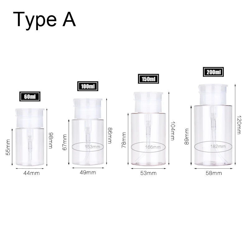 60/100/150/200ml Empty Pump Dispenser Liquid UV Gel Polish Nail Art Polish Clean Acetone Bottle Polish Cleanser Remover Bottle