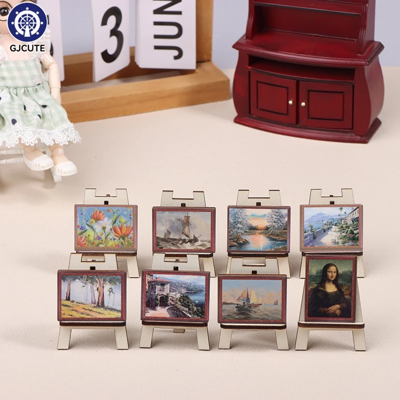 1:12 Dollhouse Miniature Oil Painting Drawing Board Model Simulation Wood Paint Easel Toy Gallery Scene Decor Accessories