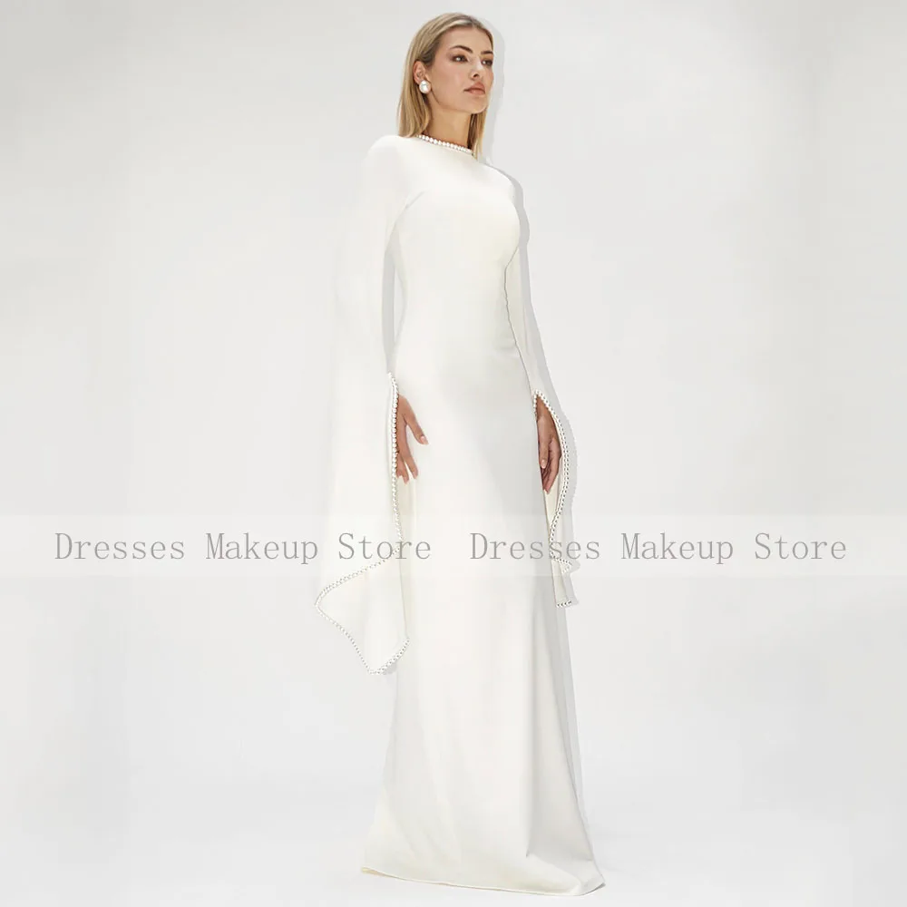 فستان سهرة متواضع لؤلؤي رقبة دائرية وأكمام طويلة على شكل حرف A فساتين سهرة عصرية للنساء بطول الأرض فساتين زفاف عاجية للضيوف #4