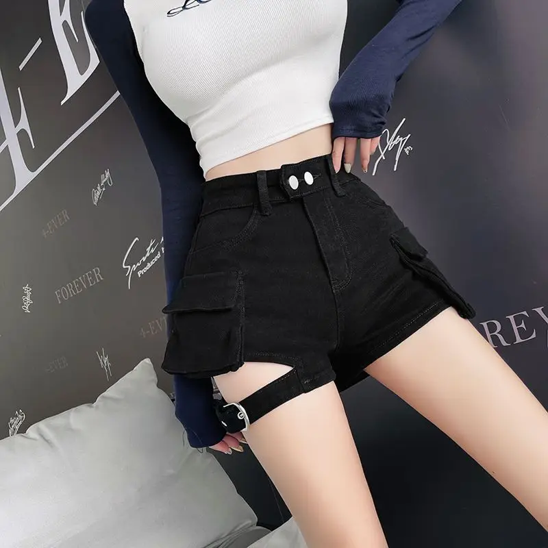 American Khaki Workwear Women's 2025 Summer Slimming Wide-leg A-line Large Pocket High-waist Denim Shorts