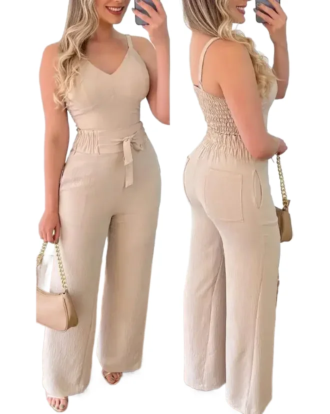 

2024 Summer Woman Long Jumpsuits Elegant Sexy V-Neck Shirred Cami Top & High Waist Pants Set New Fashion Casual One Pieces