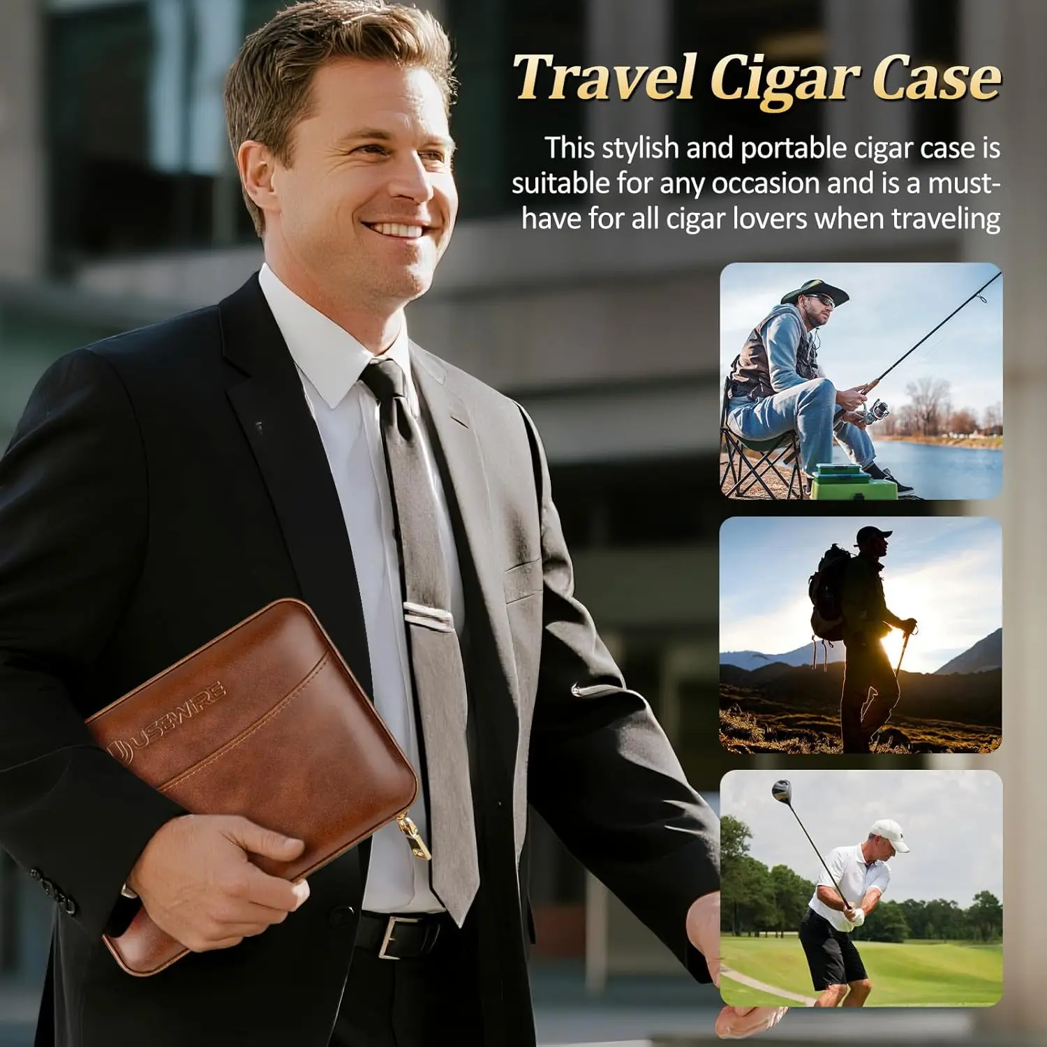 杉材と革製の葉巻箱セット（ライター、加湿器、トレイ付き、葉巻7本収納可能）- 持ち運び可能なトラベルケース、男性へのギフト