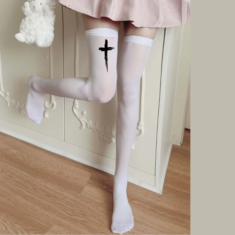 Women Gothic Punk Cross Print Thigh High Stockings Japanese Harajuku Anime JK Girl Over Knee Long Socks Cosplay Costume Hosiery