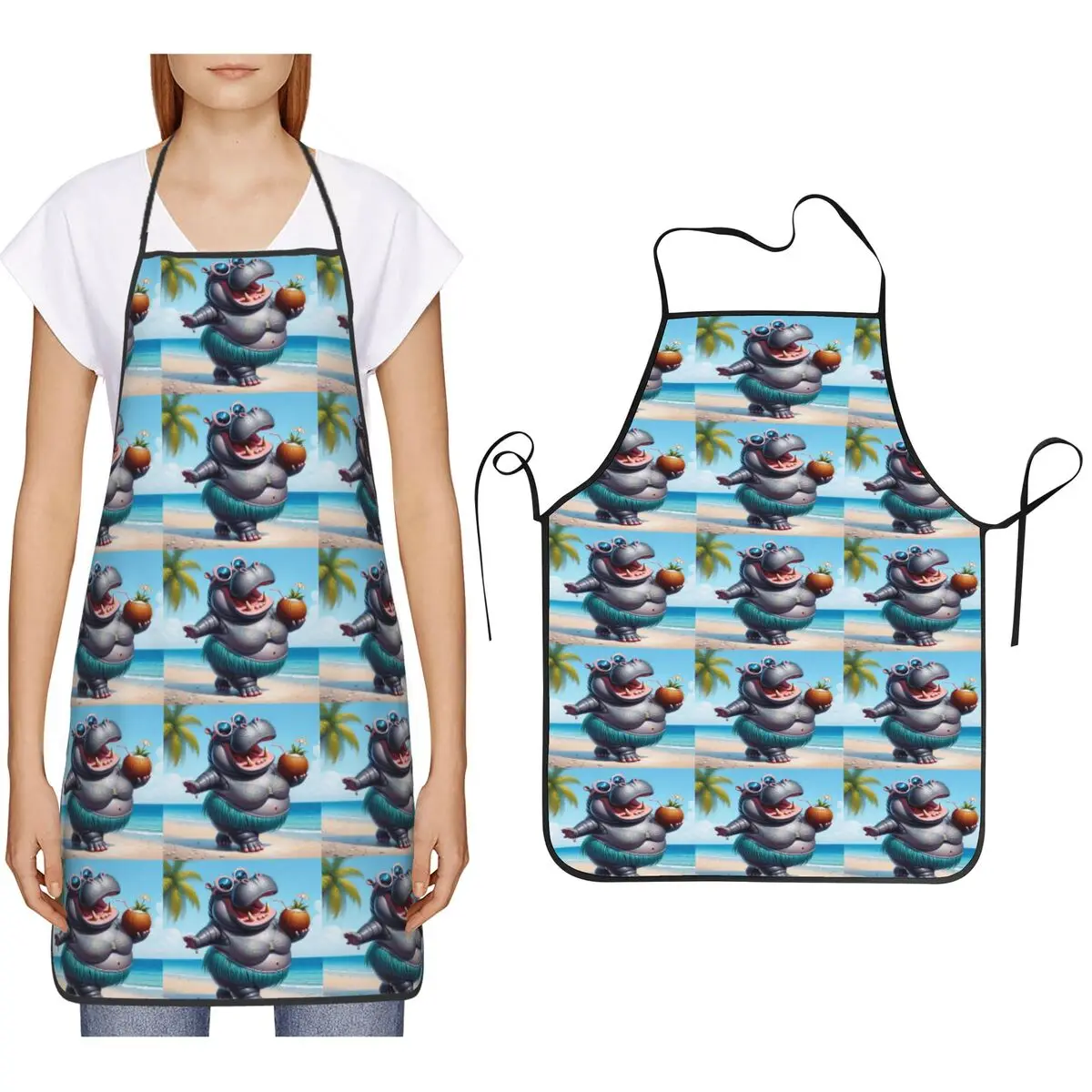 Fun Hippo With Tropical Beach Print 4 Apron Chef Cooking Baking Tablier Bib Kitchen Cleaning Pinafore for Women Men Gardening