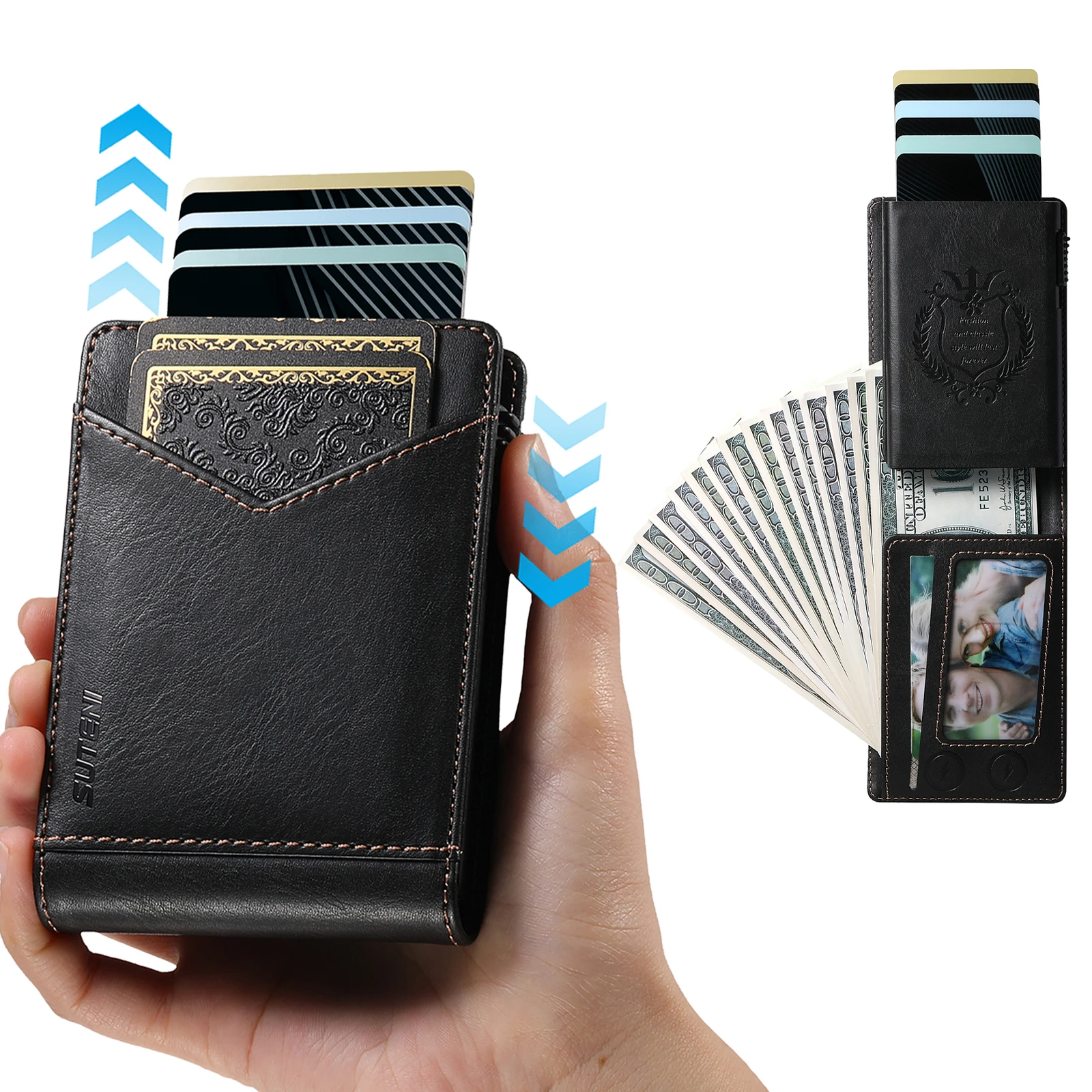 

SUTENI Portable Card Pocket Box Oil Wax Leather Card Bag Auto Pop up Business Card & Money Bill Storage Magnetic Card Holder Box